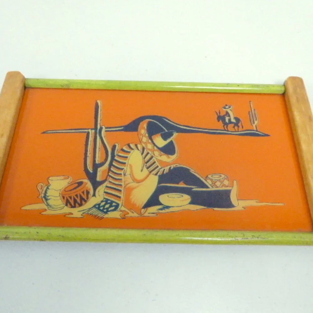 TRAY mid century MCM REVERSE GLASS PAINTED orange Mexico wood vintage - Picture 5 of 12